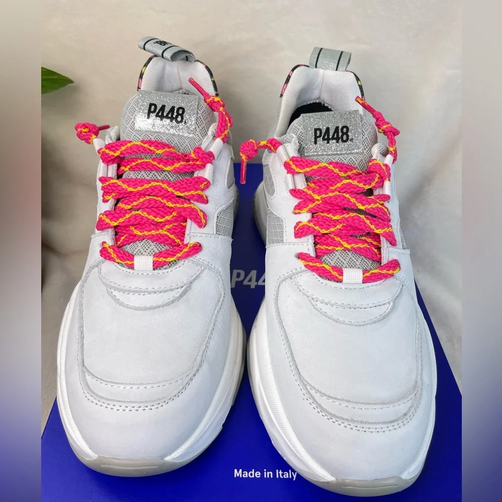 P448 Luke White and Pink Leopard Chunky Trainer Sneakers 39 EU, ( E 538)‎